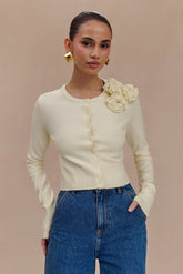 Gianna Knit Cardigan With Flowers - Cream